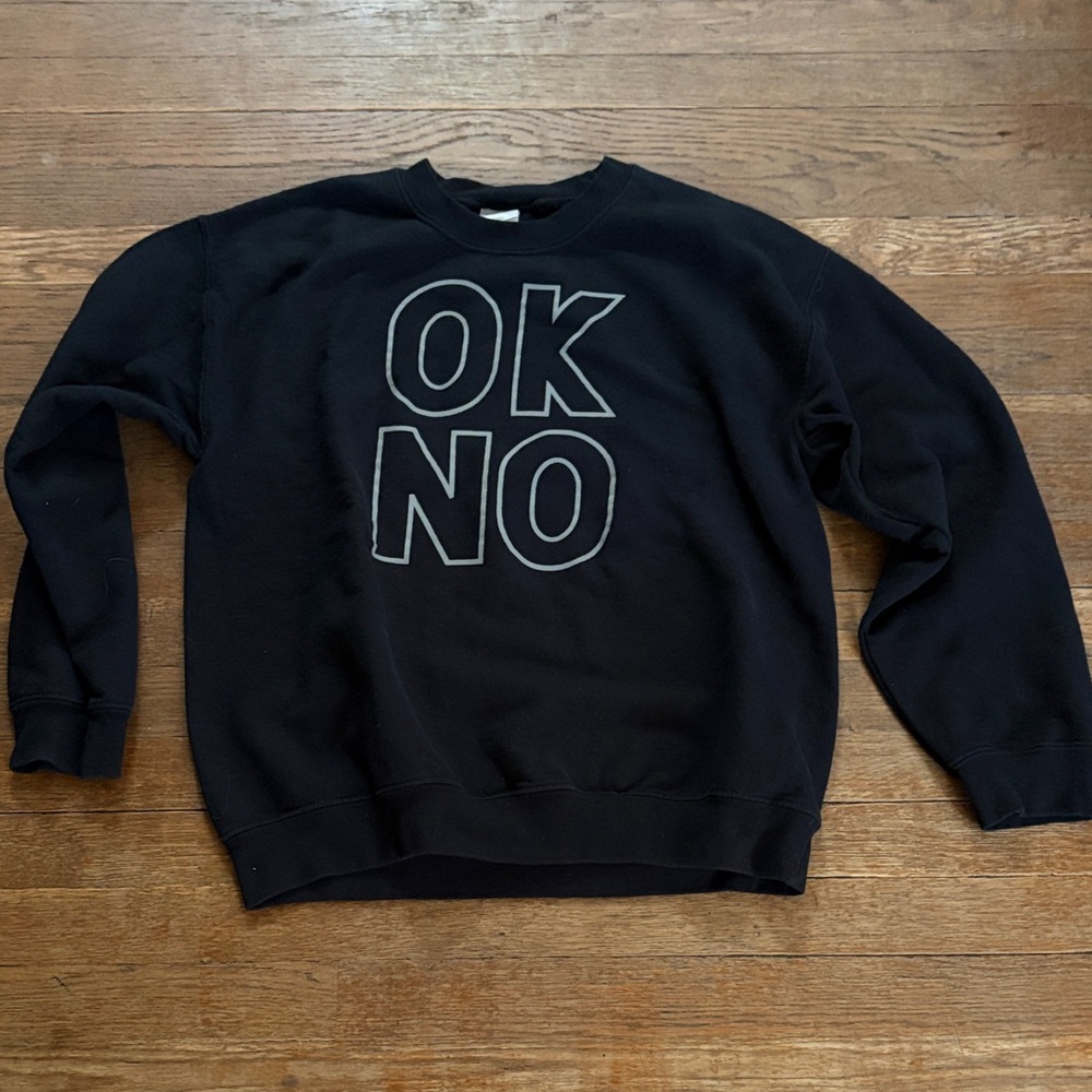 Gildan Black Crewneck Sweatshirt with White Outline 'OK NO' Graphic